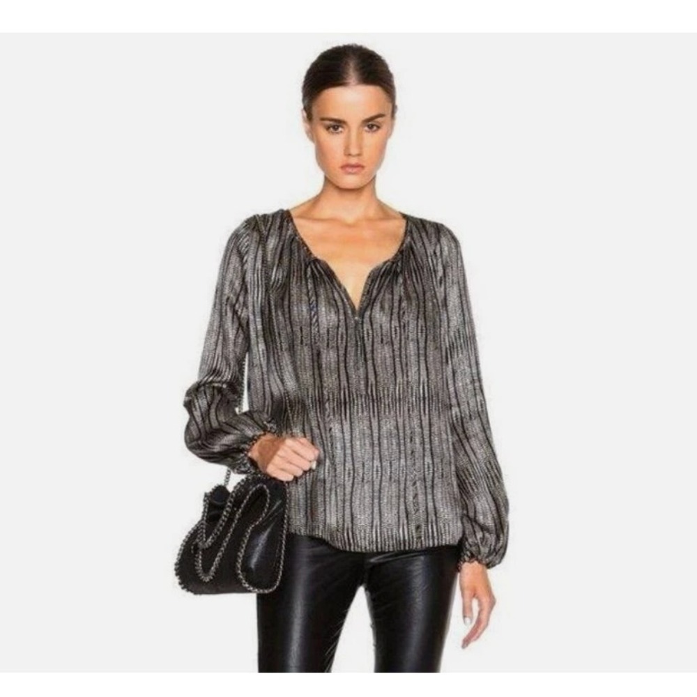 L'AGENCE Silk Blouse Women 2 Black Tan Abstract Print Tie Neck Peasant Top
